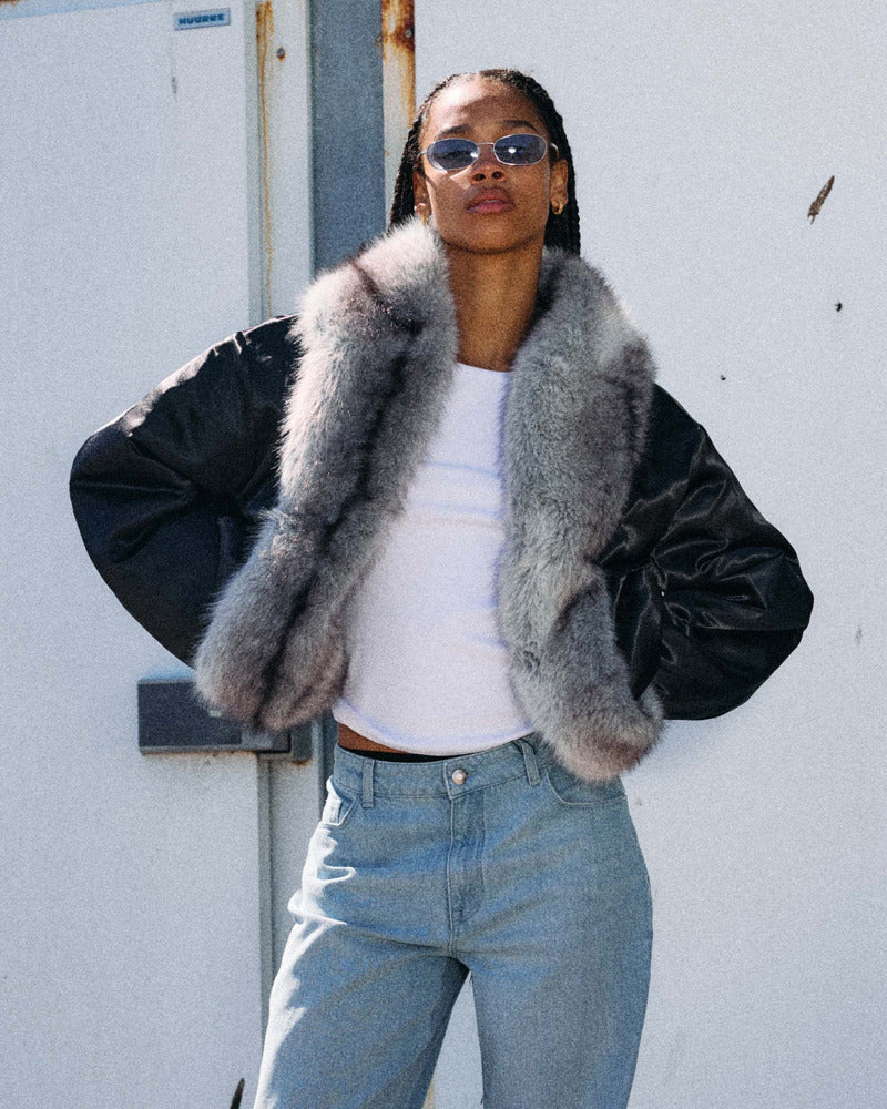 NMIVY FUR COLLAR LOOSE BOMBER