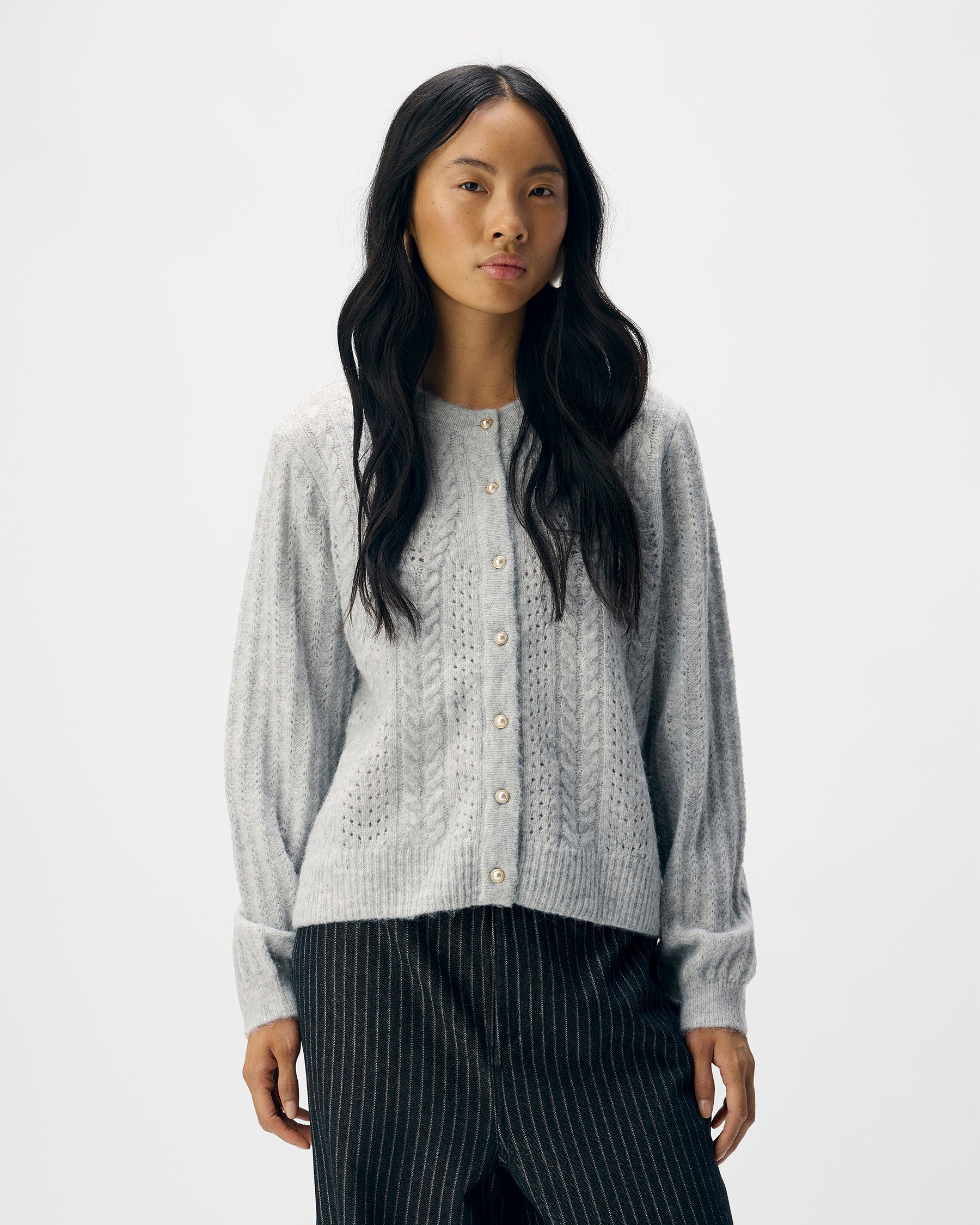 Objflora Re Ls Knit Button Car Light Grey Melange