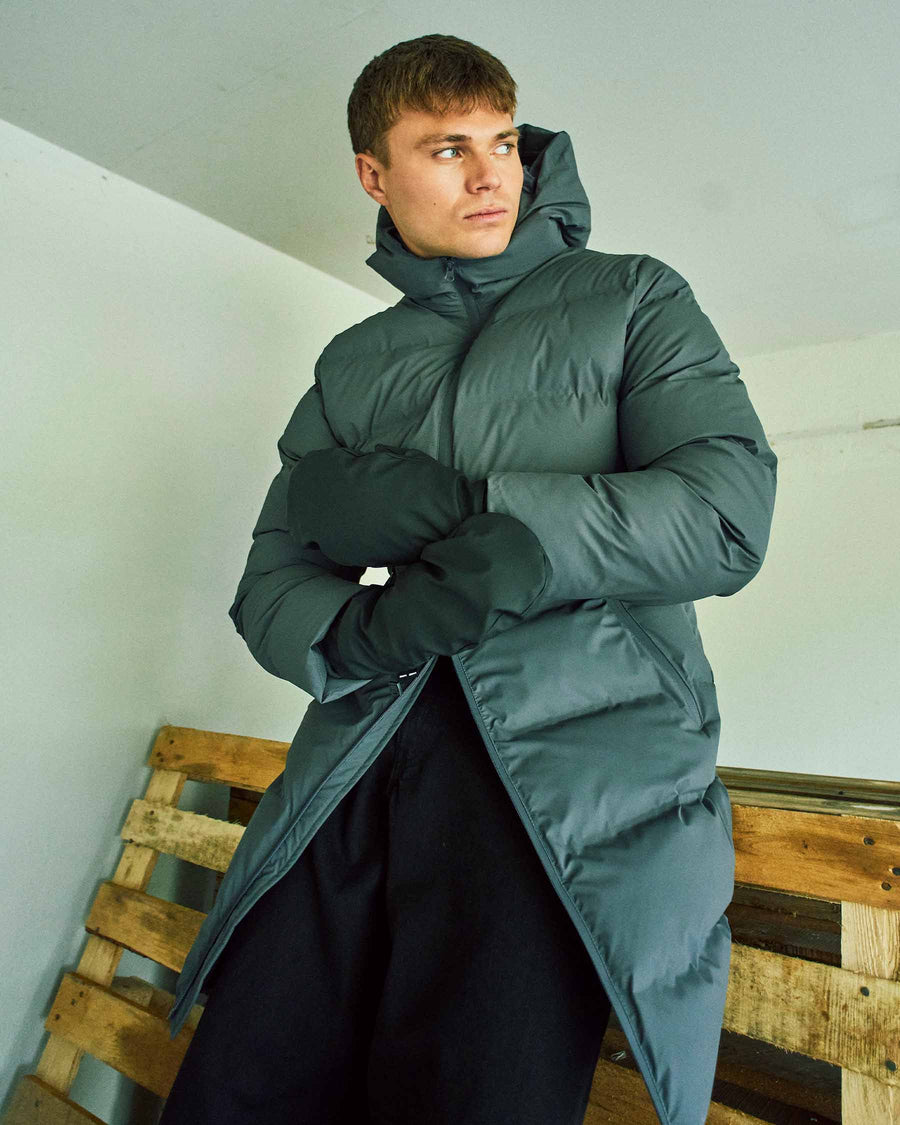 Coated long puffer jacket