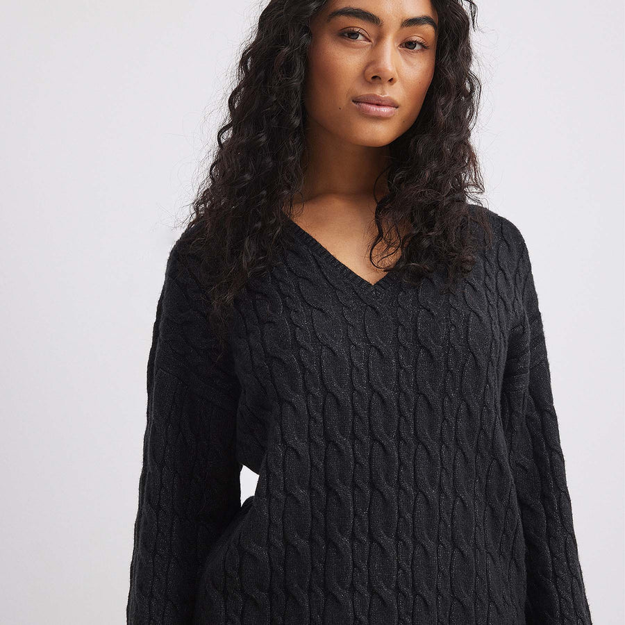 V-neck cable knit sweater